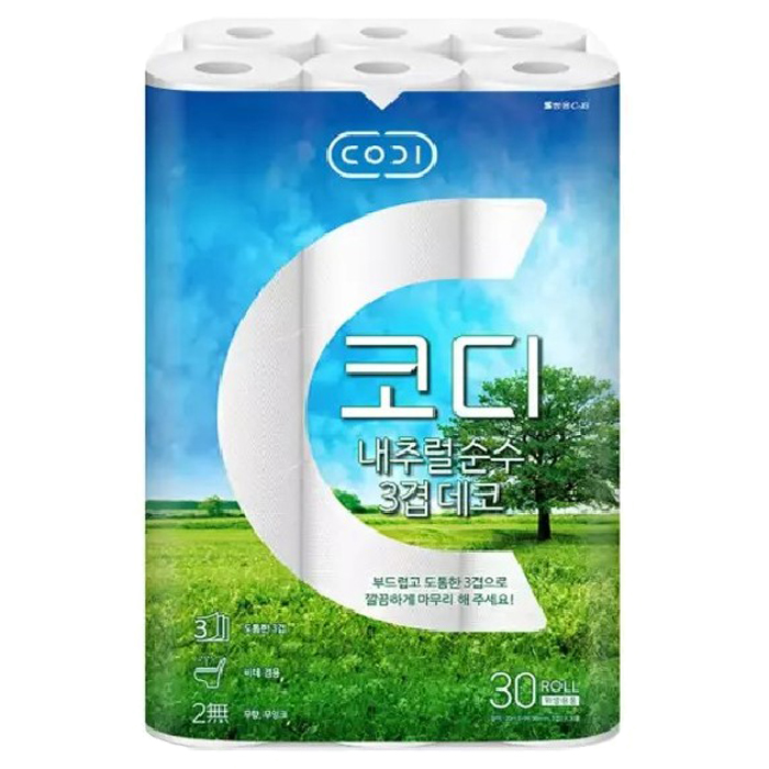 코디 내추럴 순수 3겹 데코 화장지 20M 30롤 x1팩 8,300원