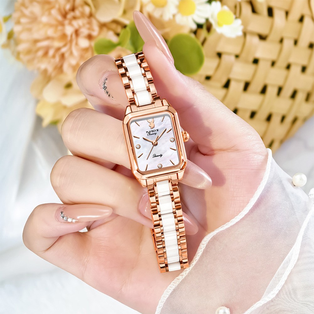 PLAYBOY 플레이보이 여성 손목시계 명품 디자인 직사각형 세련된 쿼츠 시계 진주 자개 다이얼 방수 데일리 패션 시계 선물 추천 117,300원