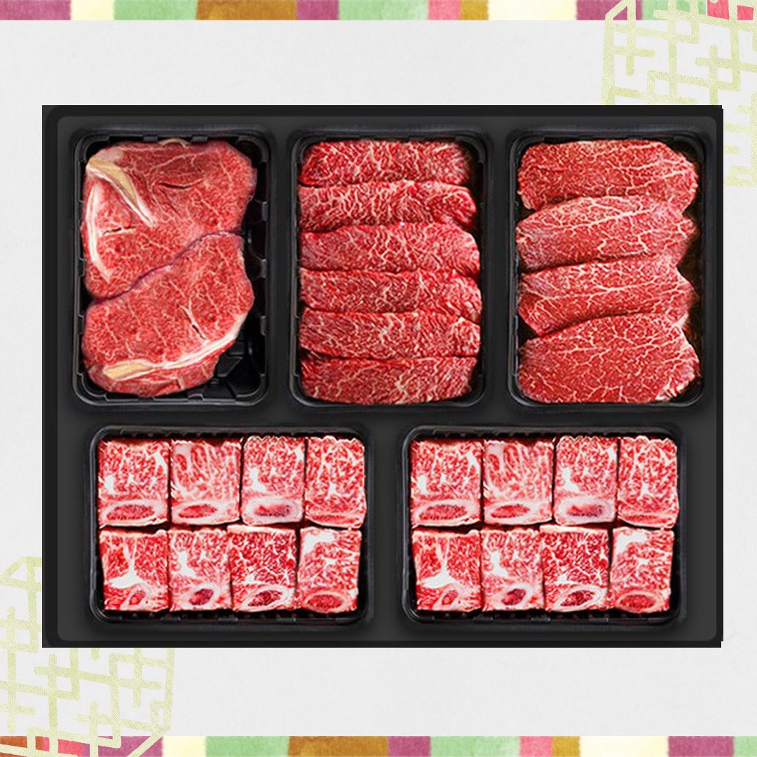 횡성한우 5구[쿠가]구이찜갈비선물세트[찜갈비X2팩+등심1팩+안심or채끝2팩]총2.9kg 400,000원