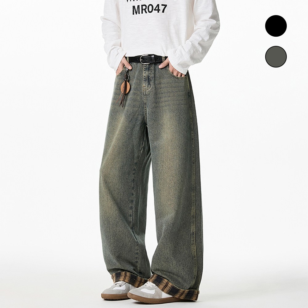 HANYO 남성 빈티지 워싱 밑단 체크 패턴 배색 스트레이트 데님 팬츠 23,800원