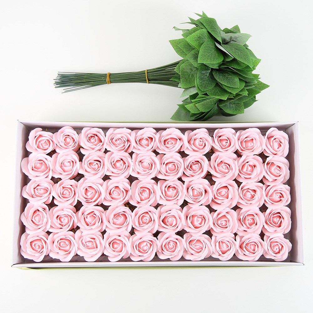 DIY 장미 비누꽃 50송이+잎사귀 꽃대 50개, 1개, 피치 핑크 14,900원