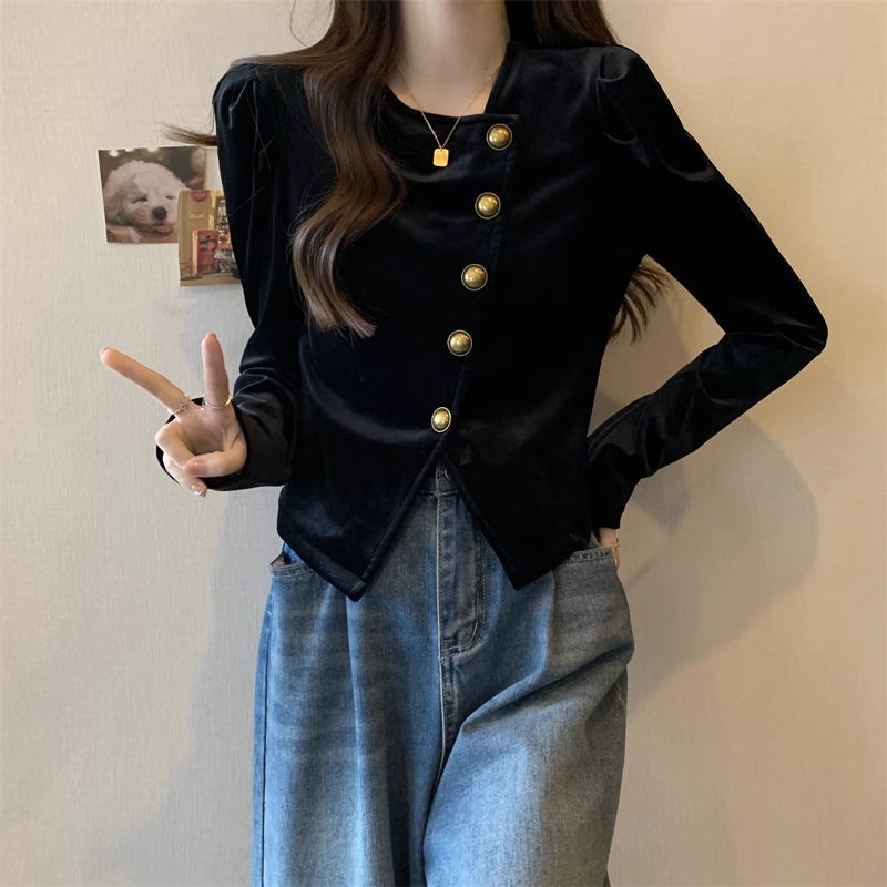 COSYEVNO 여성 벨벳 블라우스 가을 패션 언밸런스 퍼프 소매 트임 긴팔 상의 lyjsrtx06 20,300원
