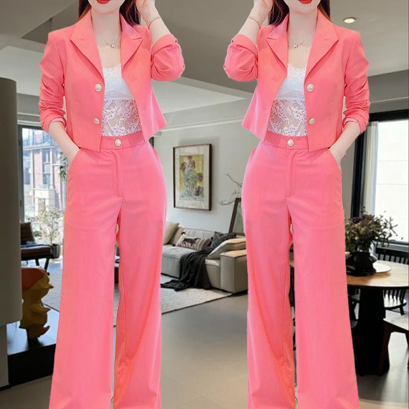 해피유통  여성 봄여름 패셔너블 정장 세트 신축성 소재 반팔 자켓과 하이웨이스트 와이드 팬츠bhf 17,290원