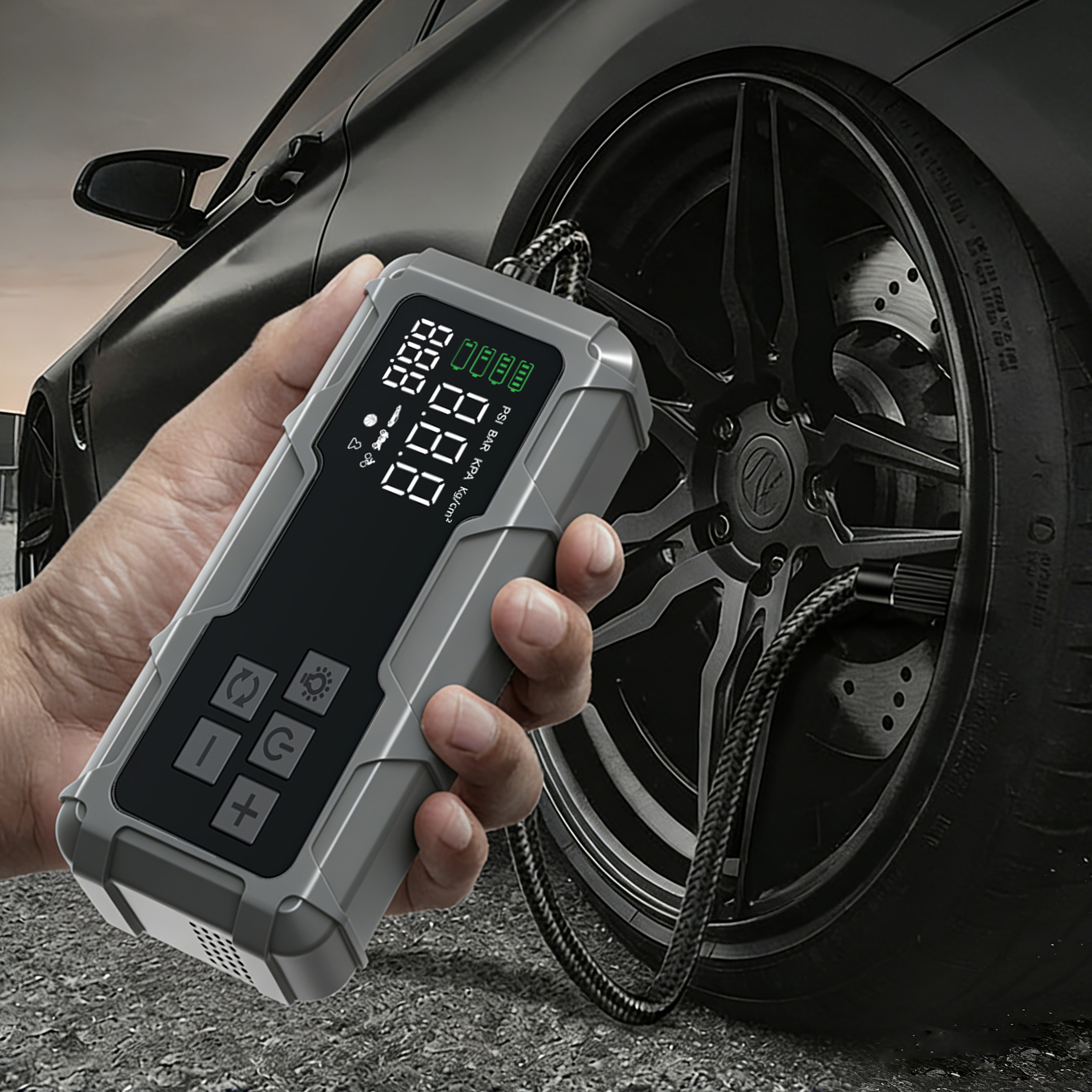 타이어 공기압주입기 무선 휴대용 대용량 전동 에어펌프 다용도 에어 펌프, 블랙, 1세트 190,000원