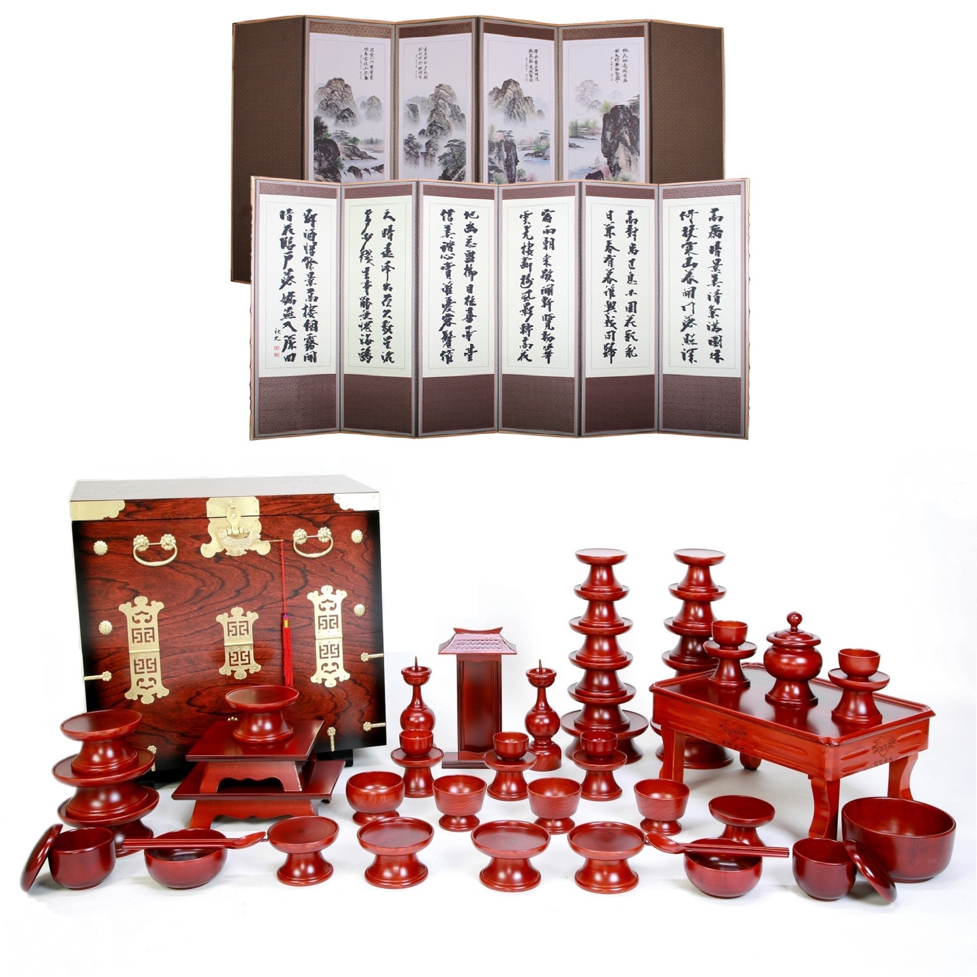 남원목기공예사 문화재 물푸레 제기 55p+제기함+추사 산수화 6폭병풍, 물푸레 제기 55p+제기함+6폭병풍, 1개 769,000원