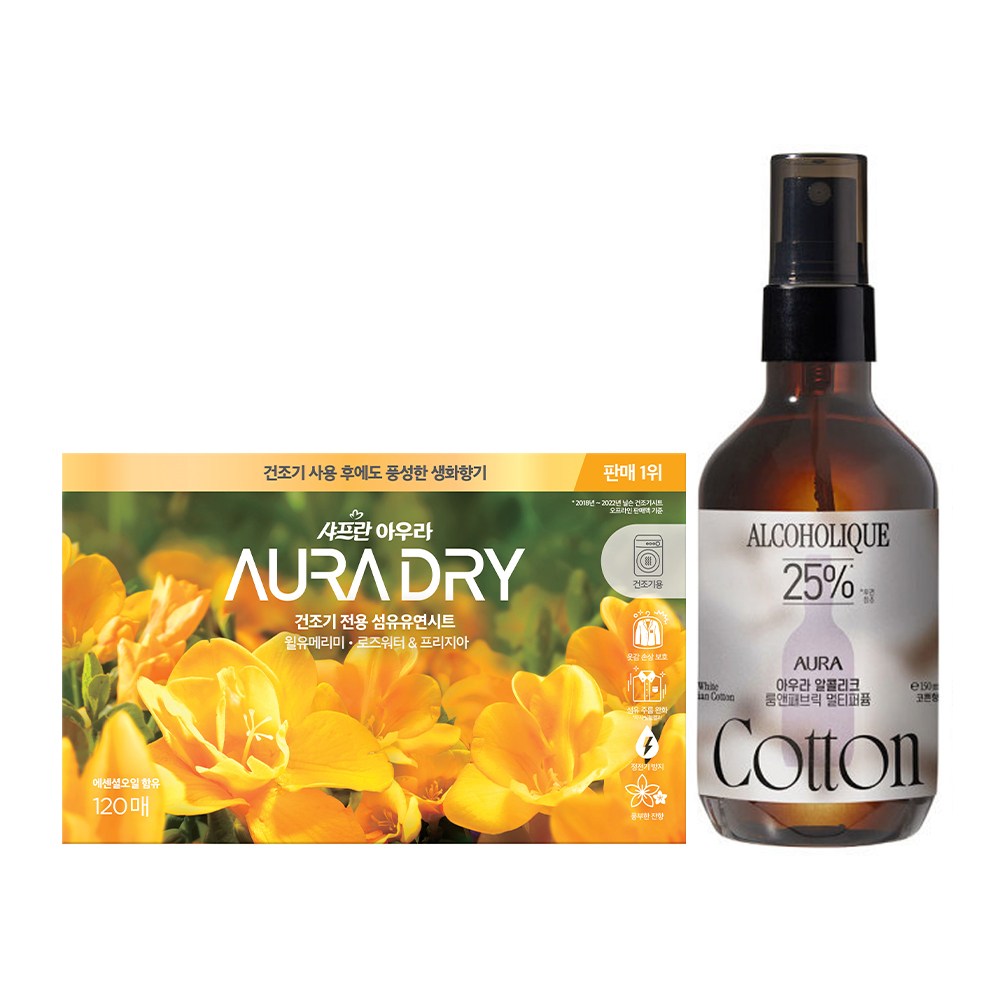 아우라 드라이 건조기시트 윌유메리미 120매, 1개+ 알콜리크 멀티퍼퓸 150mL 코튼향 20,900원