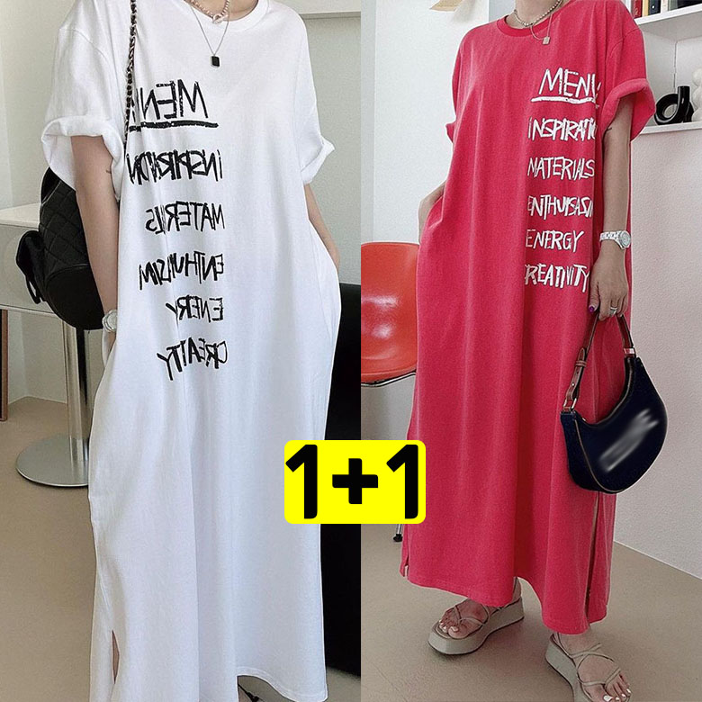 JUSTFEELING 1+1 영문글짜 반팔 롱원피스 데일리 캐주얼 트임 배기 오버핏 롱티 티셔츠 원피스 150kg까지 여름원피스 21,900원