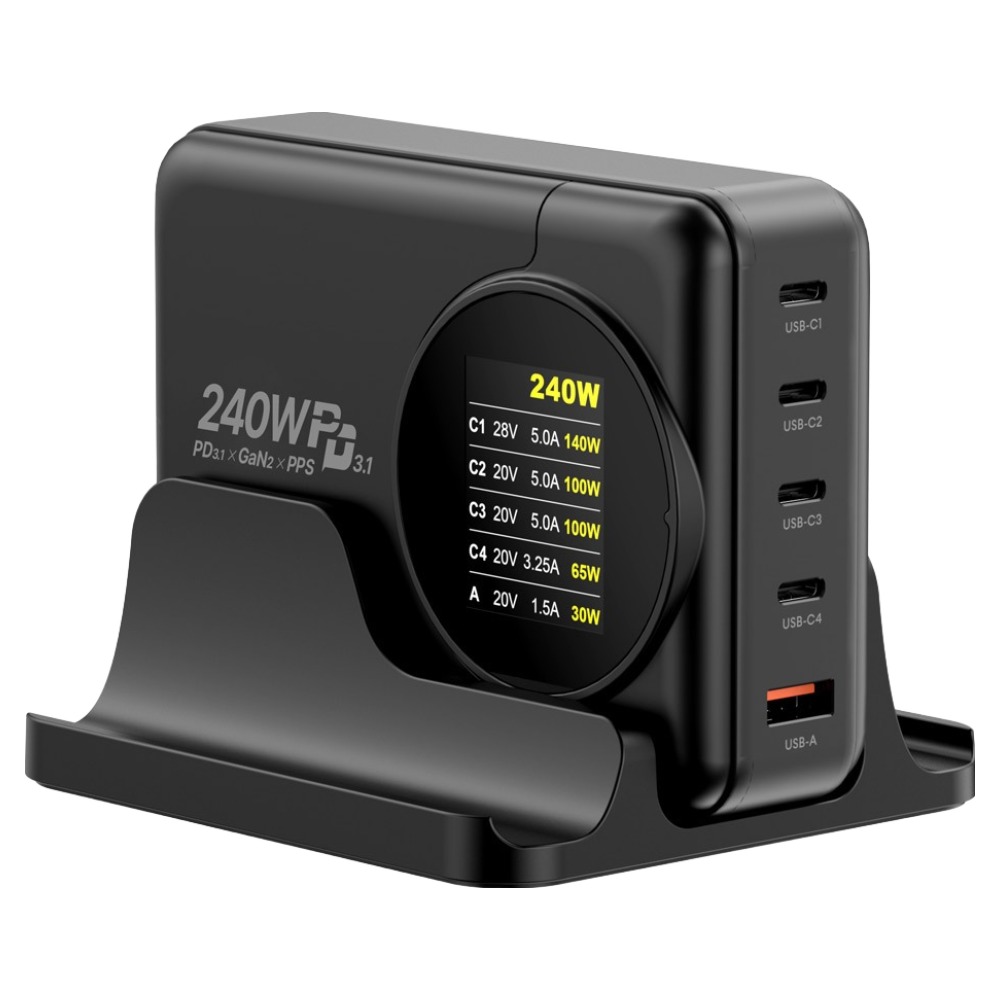 유엠투 240W 전력표시 디스플레이 GaN2 PD 접지형 5포트 고속 충전기, 전용 거치대, 블랙, 1개 109,670원