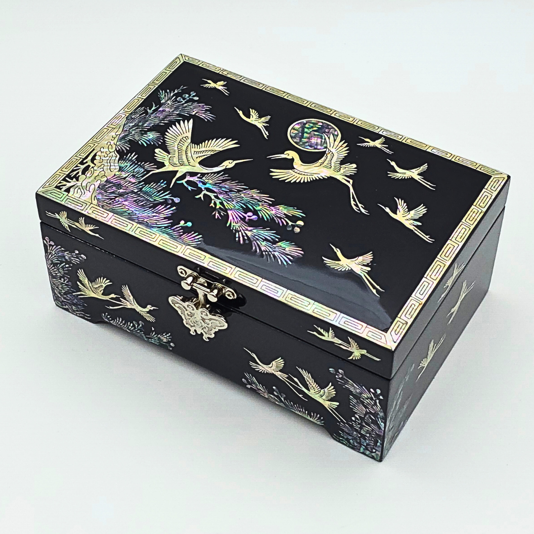 한국민예사 나전칠기 한지 검정 6치 자개 보석함 돌반지 악세사리 보관함 돌반지함 한국 전통 공예품 외국인 선물, 송학 검정 64,900원