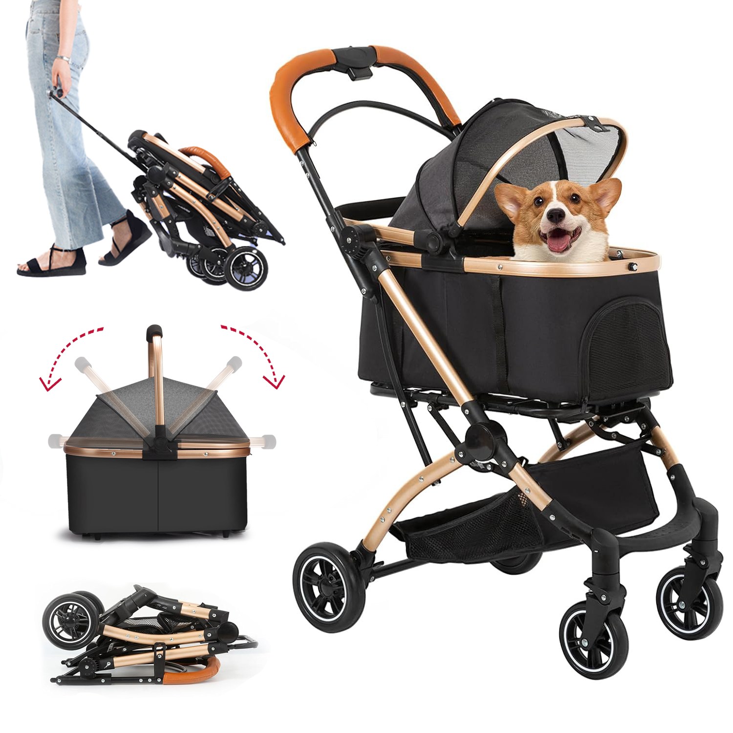 강아지유모차 접이식 분리식 이동 카트 이동식 웨건 카트 펫 스토롤러 강아지 고양이 분리형 원터치 퀵폴딩 접이식 개모차 G13, 블랙 150,000원