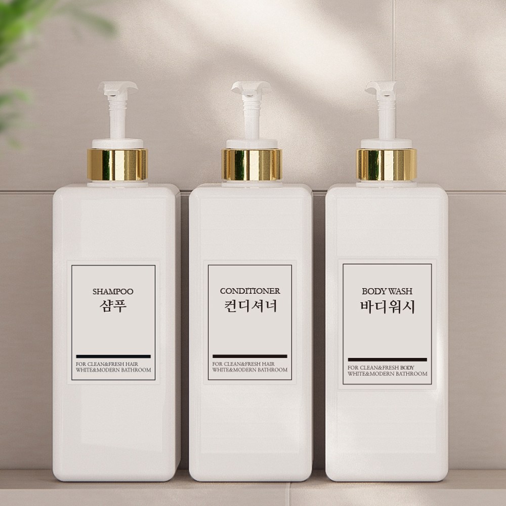 모든집 호텔 욕실 디스펜서 샴푸통 800ml+방수라벨 3구 세트, 1세트, 욕실세트_800ml(백색용기+골드펌프+한글3종), 현재가 15,800원