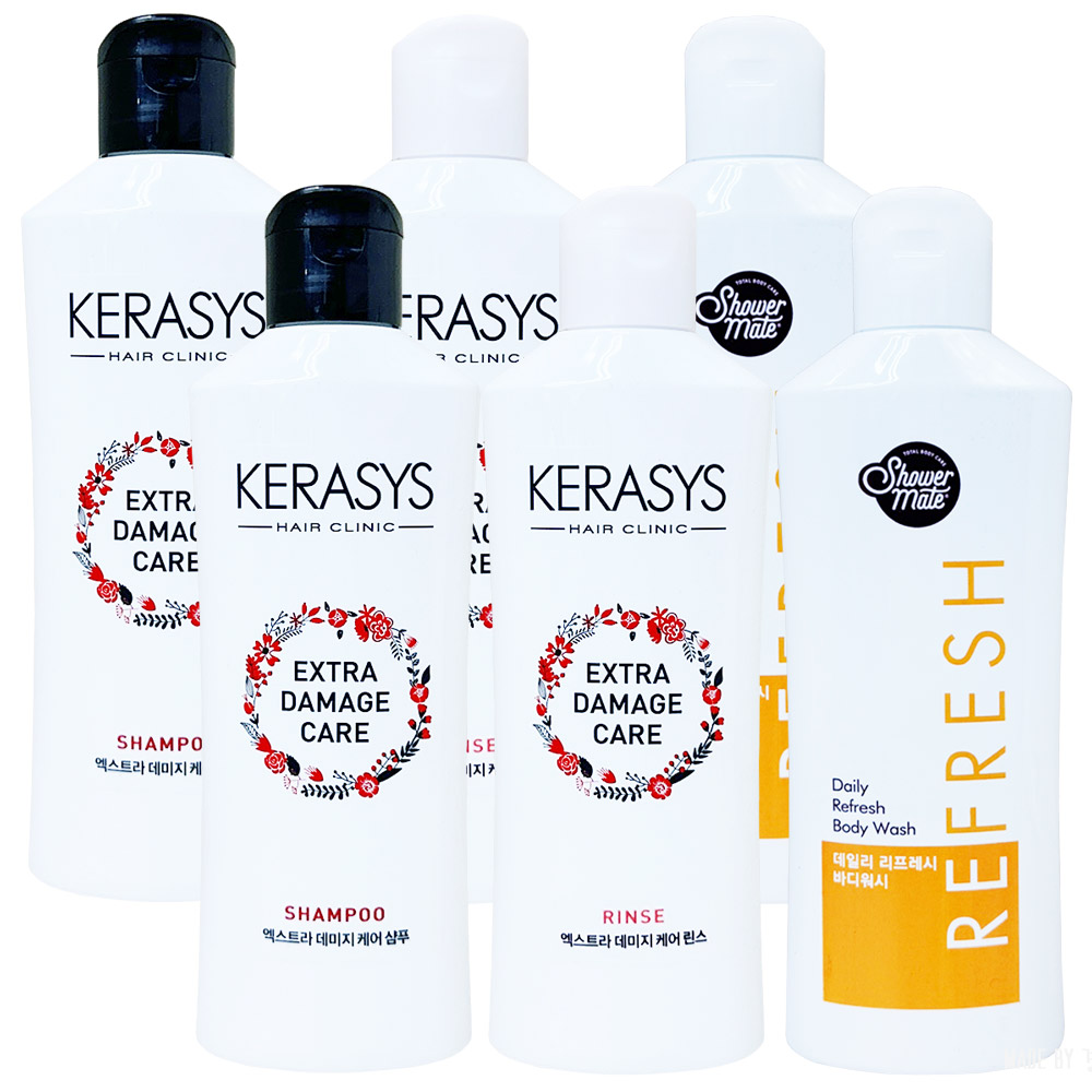 애경 케라시스 엑스트라 데미지 케어 180ml 2개씩 (샴푸 + 린스 + 샤워메이트 리프레시 망고 바디워시) 9,400원