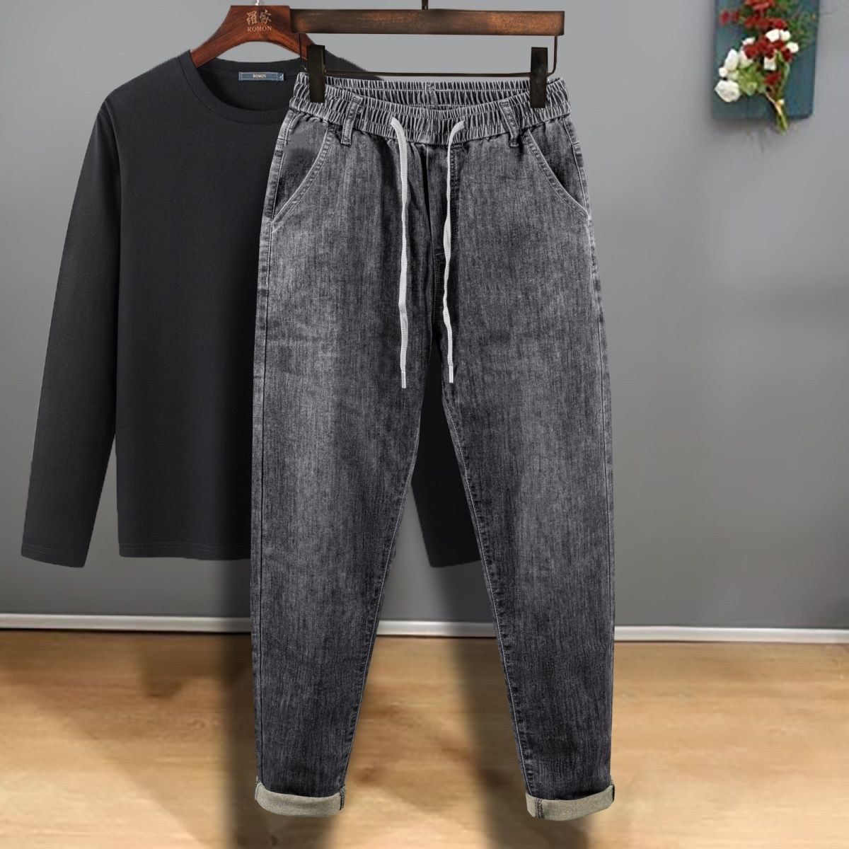 녕동 남성 배기 청바지 봄가을 슬림 일자 스판 허리밴딩 캐주얼 데님 팬츠 23,700원