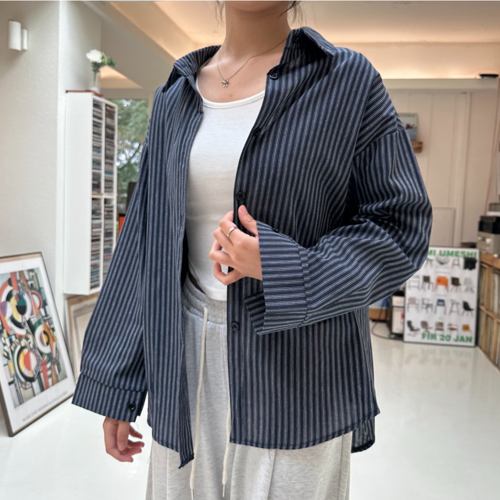 44~66 하르린 간절기 루즈핏 스트라이프 긴팔 셔츠 HL021 23,000원