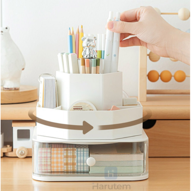 하루템 360도 회전 펜꽂이 서랍형 다용도 수납함 데스크 정리함 화장품 소품 정리대, 화이트, 1개 15,900원