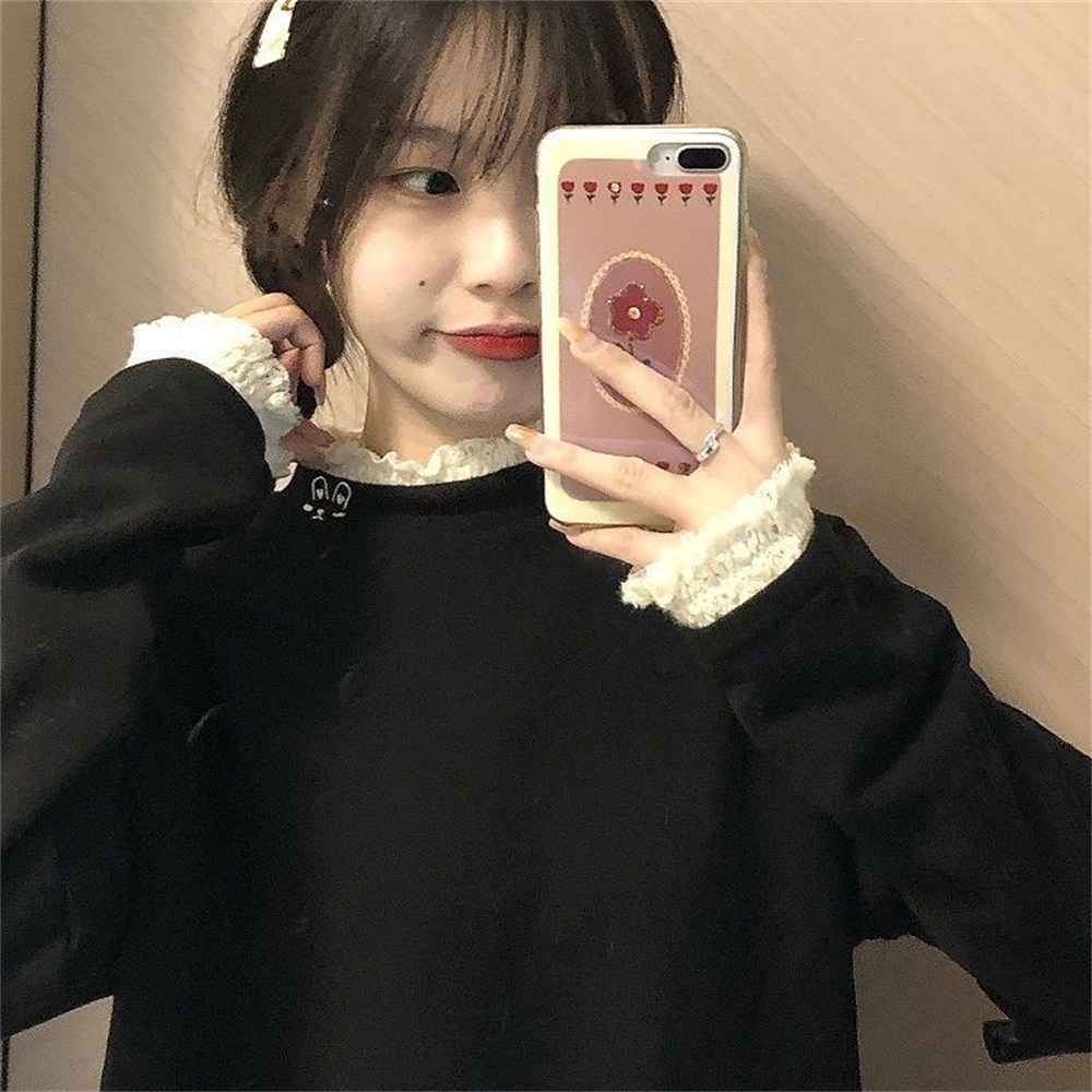 Vezri 여성 캐주얼 긴팔 셔츠 레이스 트리밍 라운드넥 가을 겨울용 12,780원