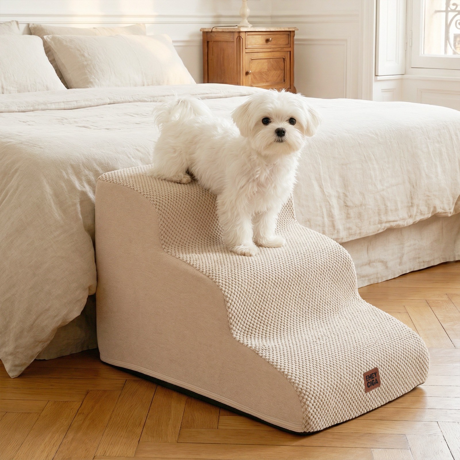 EHEYCIGA 곡선형 쾌적 강아지 계단 논슬립 슬개골보호 애견계단 2단 3단 4단, 1개, 베이지색 66,490원
