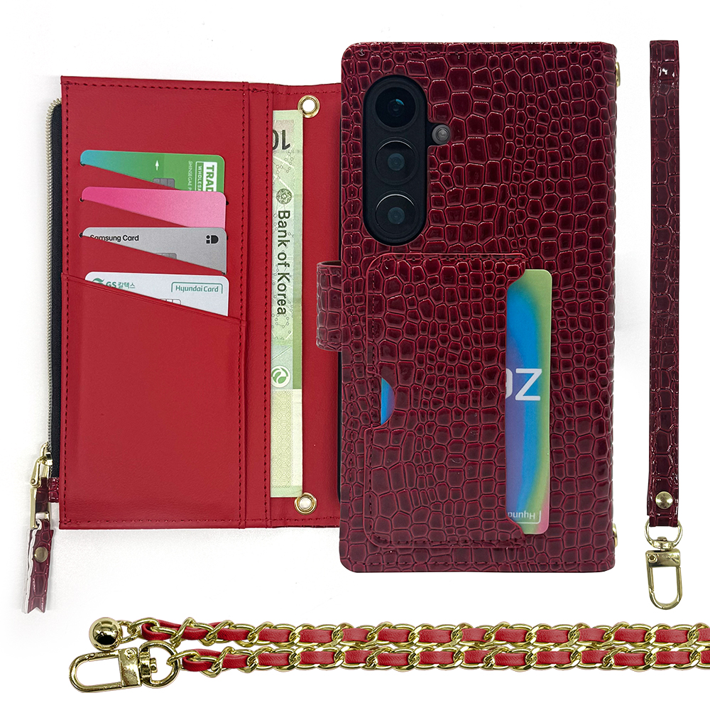 엑씨 핸디 스트랩 + 체인 목걸이 + 크로커 가죽 패턴 지갑 다이어리 휴대폰 케이스 세트 23,900원