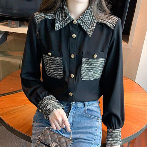 파라다이소 여성용 패치워크 금장 버튼 투포켓 블라우스 24,900원