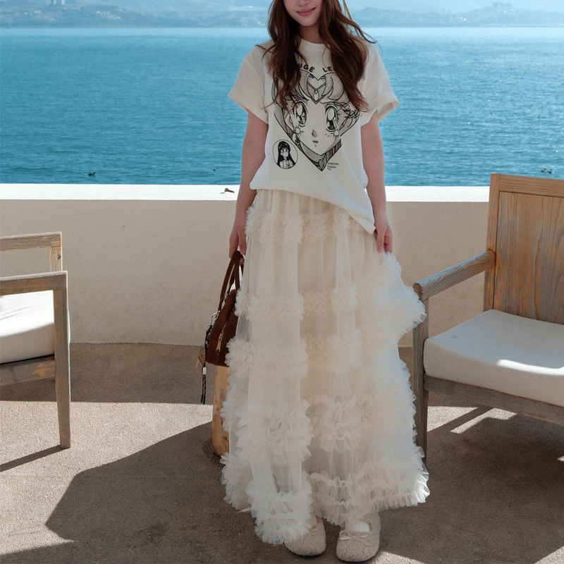 여성 러블리 로맨틱 쉬폰 플라워 텍스처 프릴 프릴 롱 스커트 레이어드 맥시핏 체형커버 허리밴딩 치마 여름 데일리 휴양지룩 캉캉 댄츠 31,200원