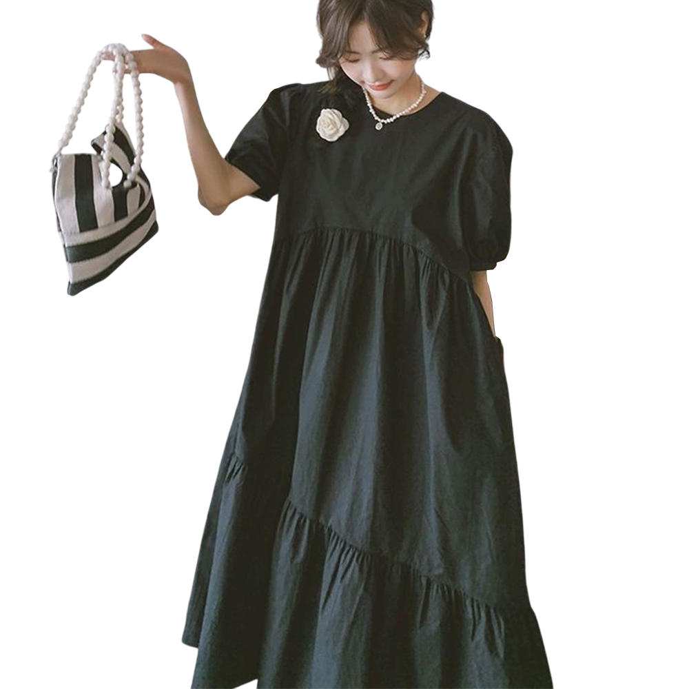 반팔 원피스 캉캉 CLBA1067 롱원피스 오버핏 블랙 퍼프소매 셔링 23,900원