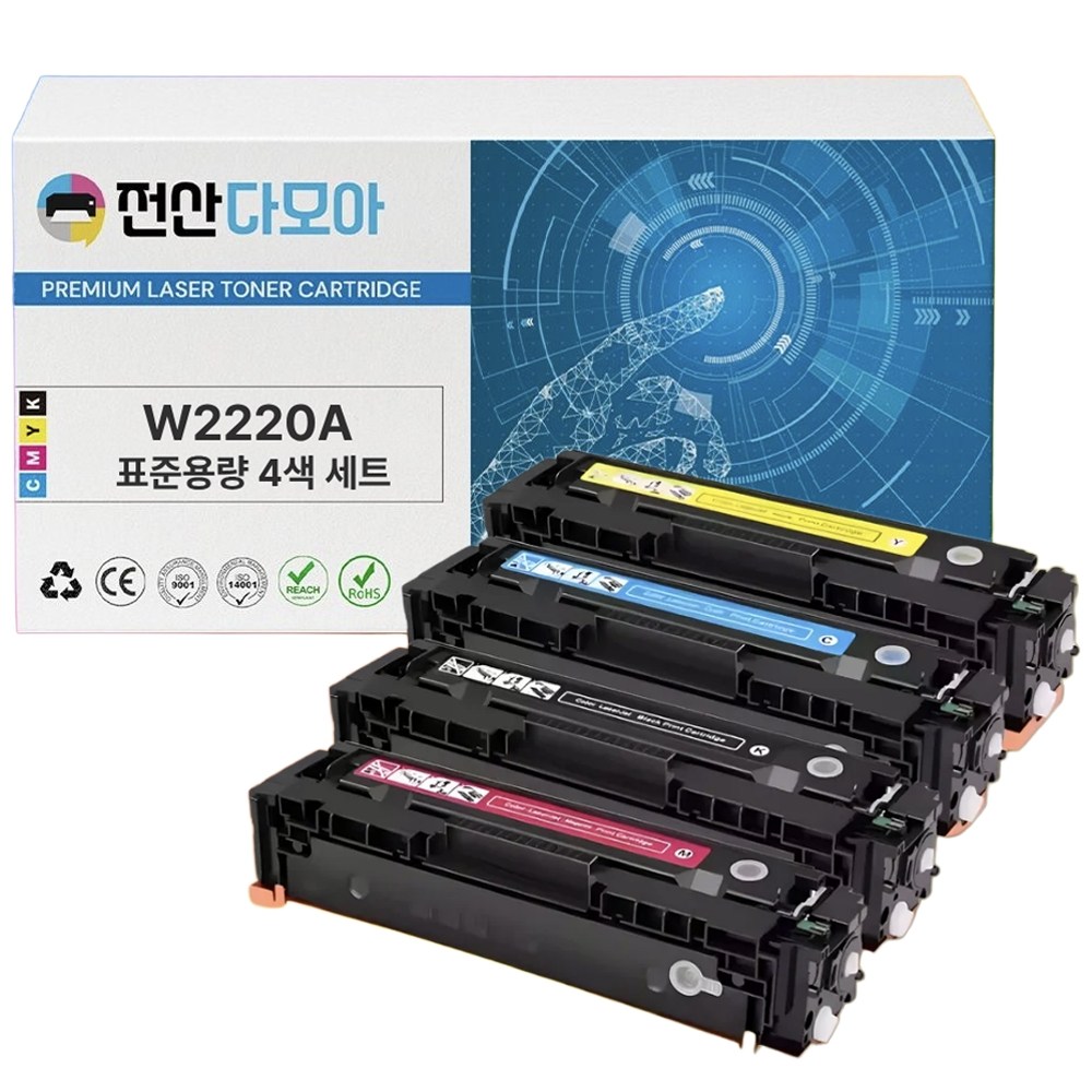 HP 222A 재생 호환토너 W2220A 4색 칩장착 3203dn 3203dw 3303fdn 3303fdw 3303sdw W2220A+W2221A+W2222A+W2223A, 1개, HP W2220A 표준용량 4색 세트 165,000원