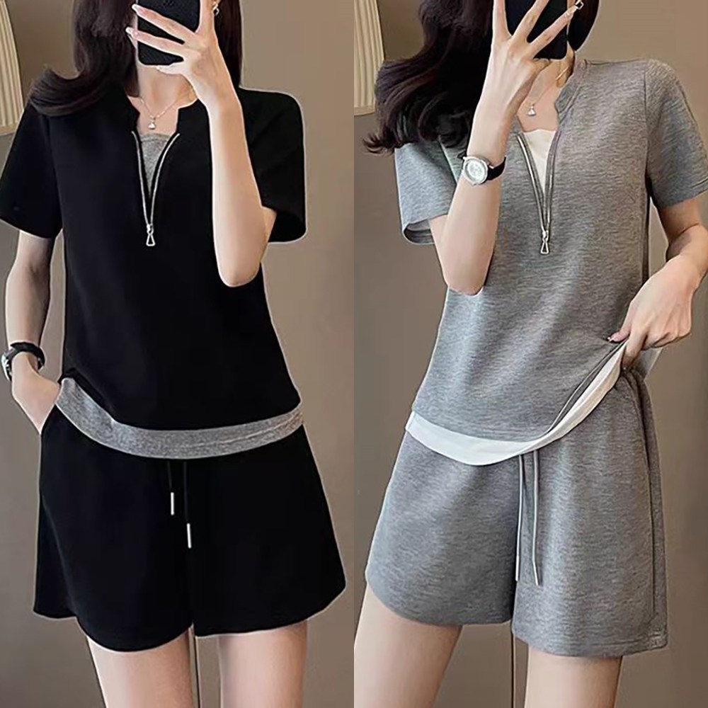 로르카 여성 트레이닝복세트 브이넥 지퍼 레이어드 반팔 티셔츠 + 밴딩 숏팬츠 루즈핏 투피스 D01031661 15,700원