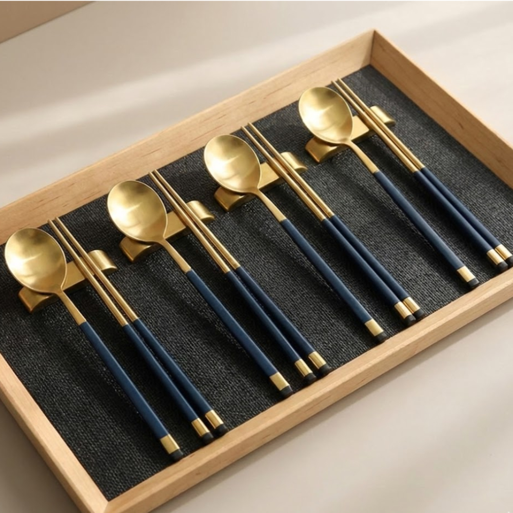 보겐 국산 스퀘어 투톤 골드 수저 + 받침 4인세트, 블루, 1세트, 숟가락 4p + 젓가락 4p + 스텐실버수저받침 4p 80,120원