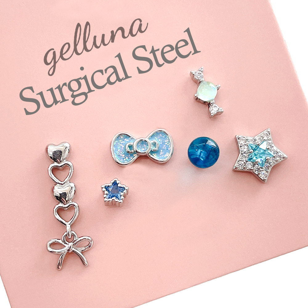 젤루나 여성용 써지컬 컬러 큐빅 별 리본 하트 귀꾸 스터드 아웃컨츠 룩 바벨 볼타입 귀걸이 P-858-2 6종세트 27,380원
