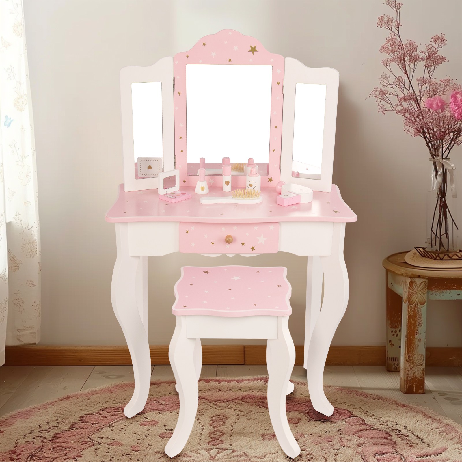 WoodenFun 어린이 우드 화장대 의자 세트 유아 공주 놀이 장난감 역할놀이, 핑크 125,000원