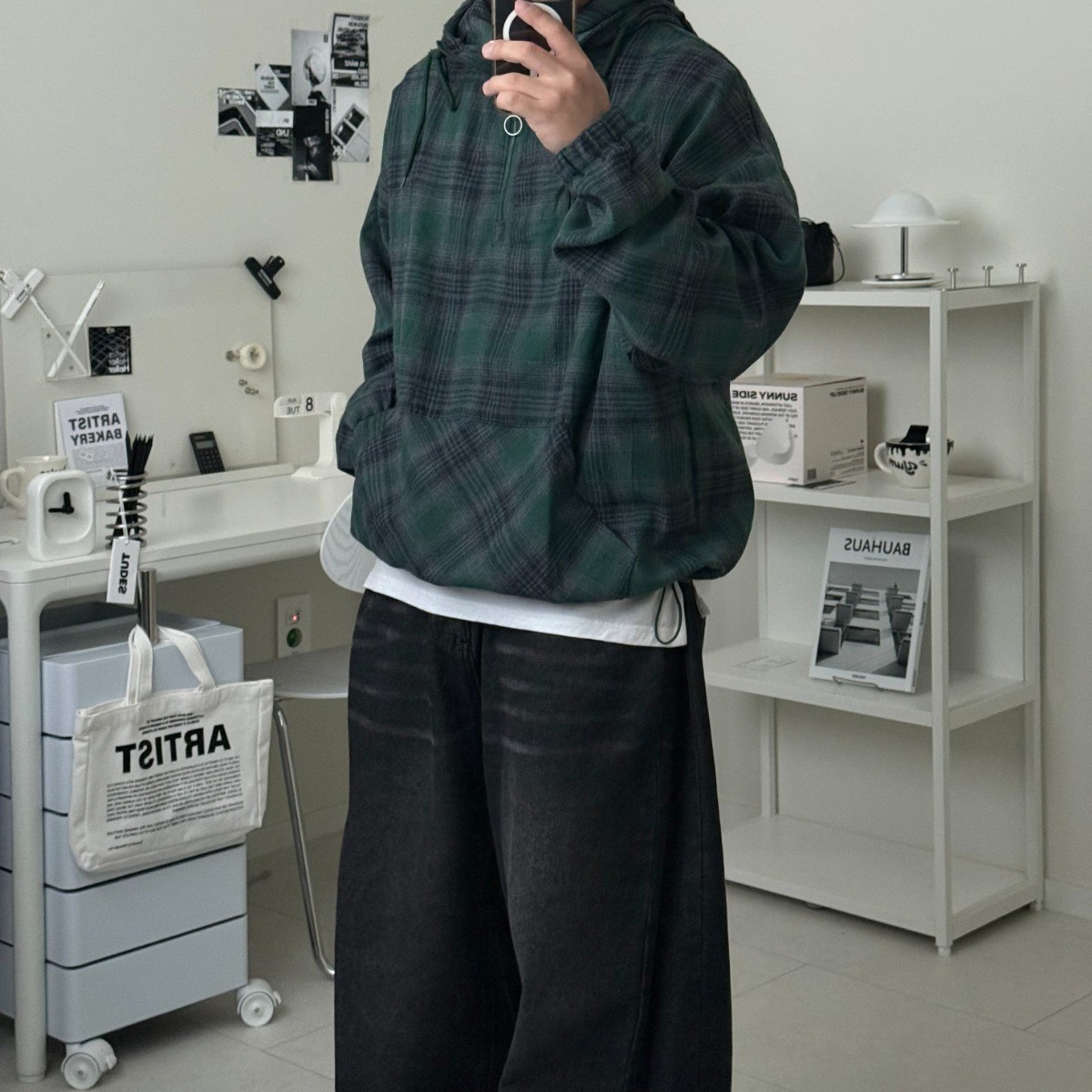 르위 체크 후드반집업 오버핏 스트링 아노락 맨투맨 빅사이즈 남녀공용 26,000원