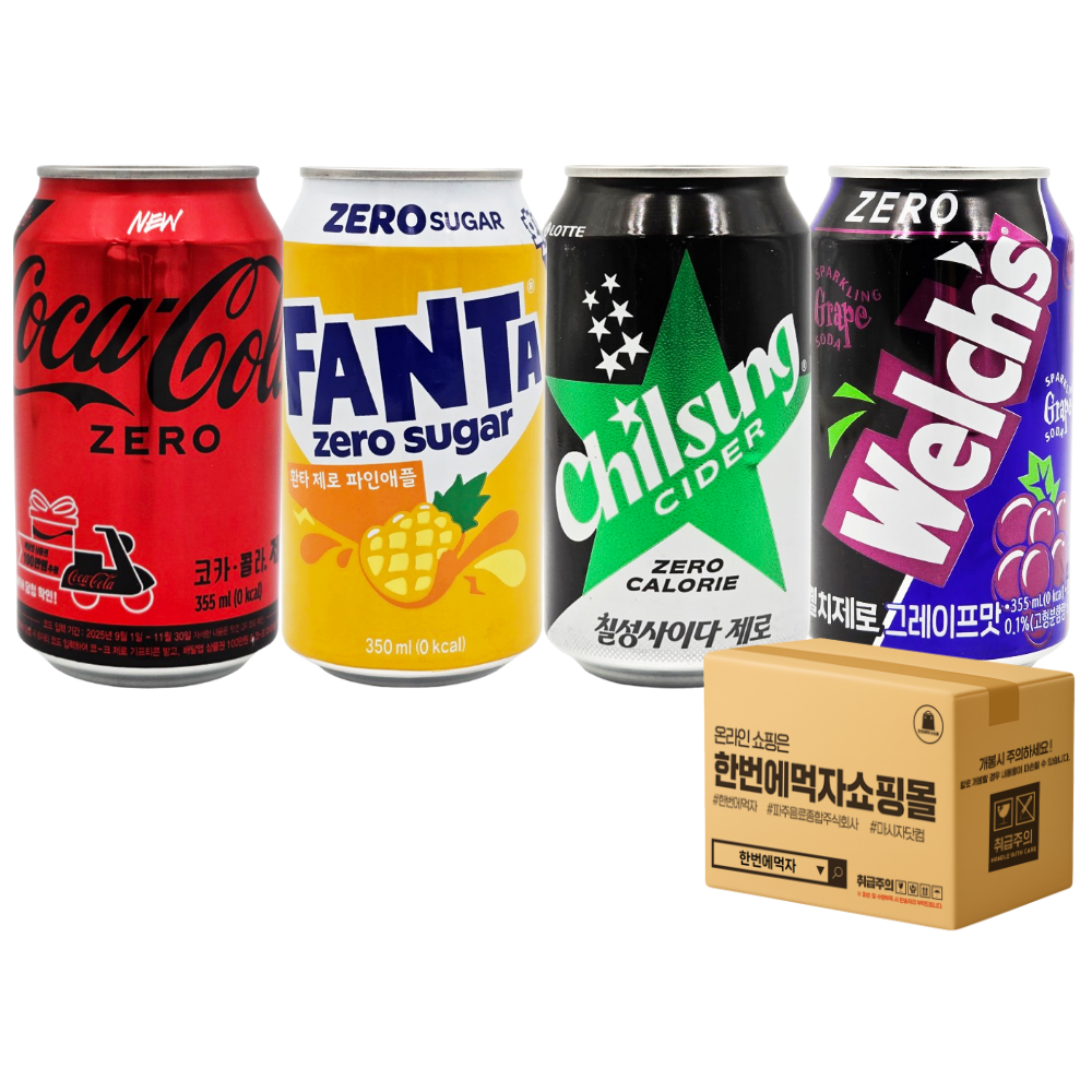 [한번에먹자] 저칼로리 인기 제로 탄산음료 세트 4종 ( 코카콜라 + 환타 파인애플 + 칠성사이다 + 웰치스 포도 ) 배달용 업소용 편의점음료 사무실 탕비실 PC방 식자재 뚱캔 23,980원