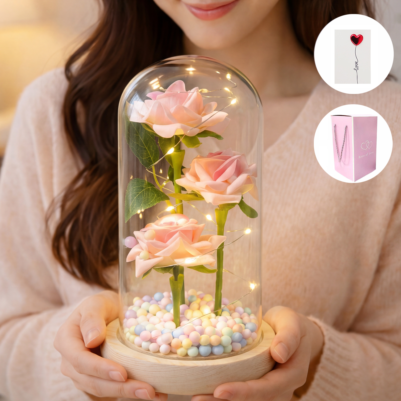 Norvee 유리돔 조화 장미 플라워 무드등 발렌타인데이 어버이날 감성 선물 귀여운 카드 포함 9,990원