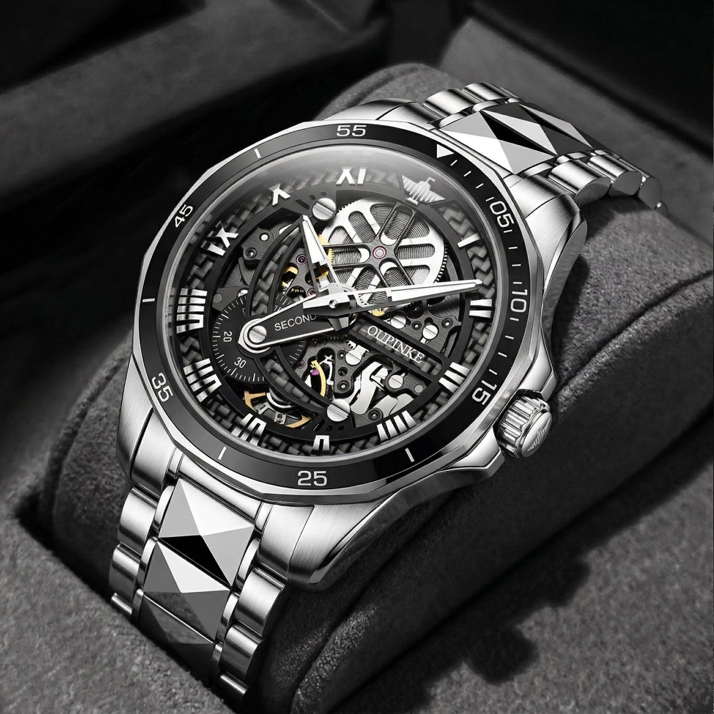 OUPINKE 남성 시계 정품 자동 기계식 오토매틱 럭셔리 명품 투조 패션 워터프루프 야광 흑무사 남자손목시계 376,000원