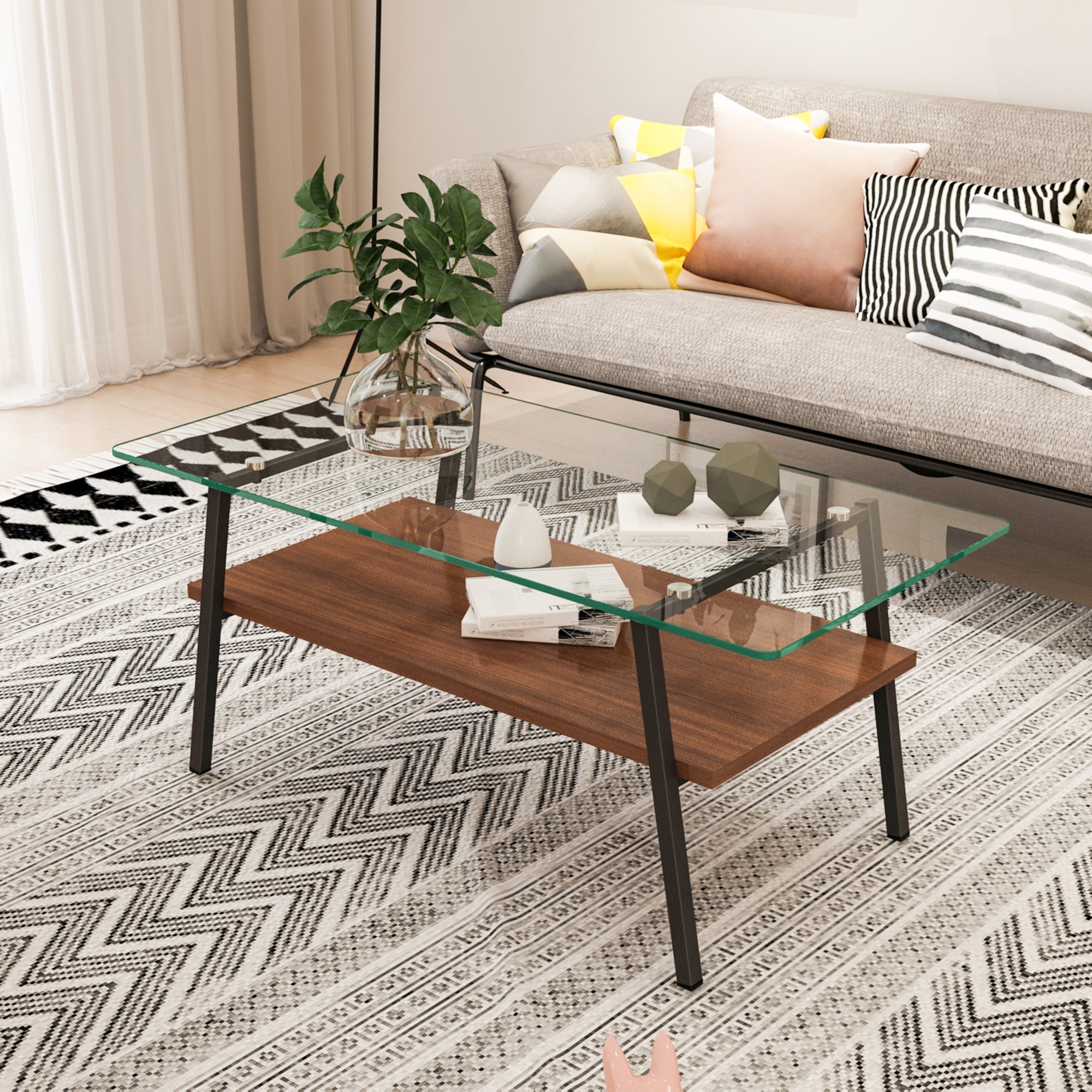 럭키스토리 거실 테이블 2단 우드 강화유리 거실 쇼파테이블, K-JZQ8600-B 투명 75,000원