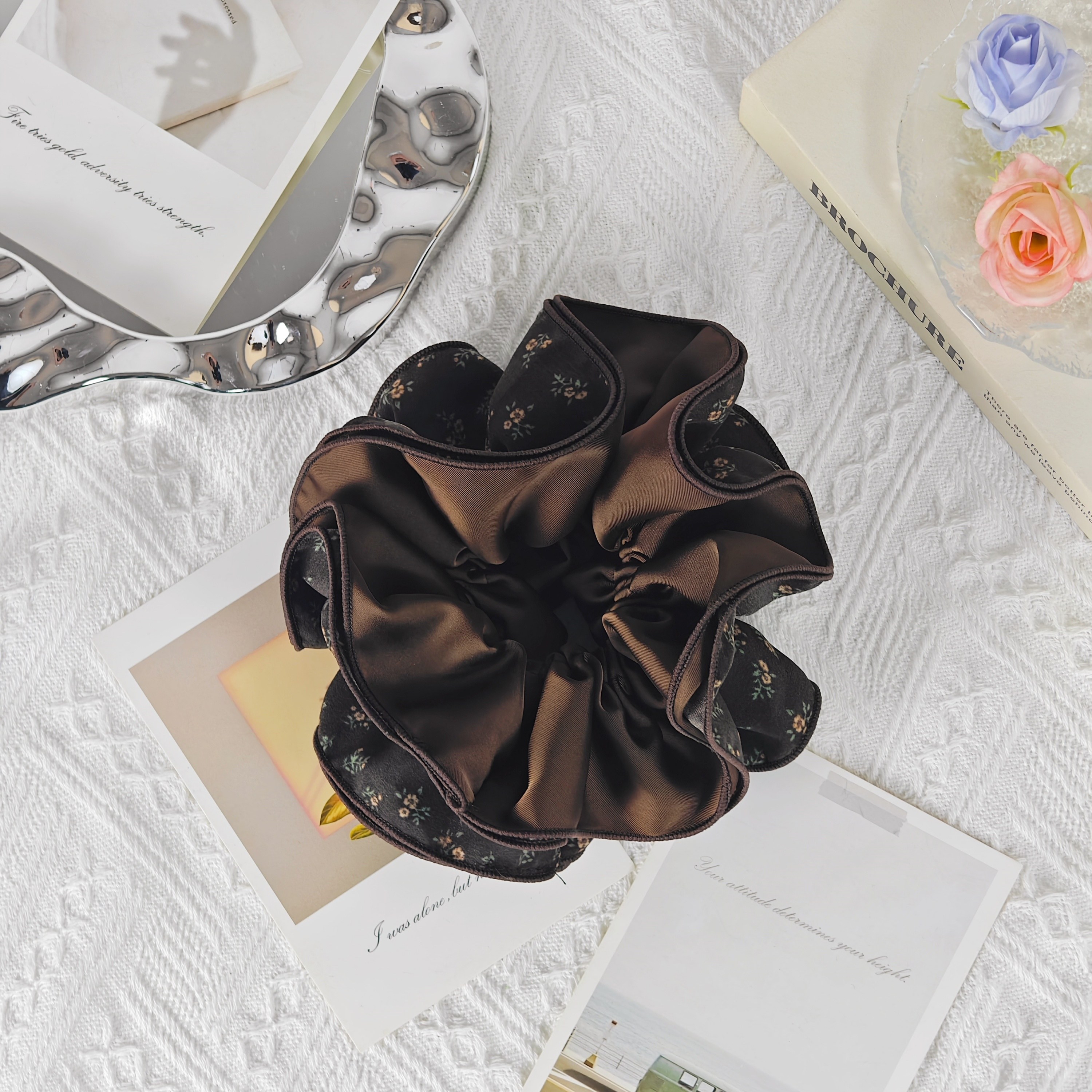 다크 브라운 새틴 베이지 미니 소프라워 이중 프릴 스크런치 헤어 밴드 빈티지 웜톤 6,540원