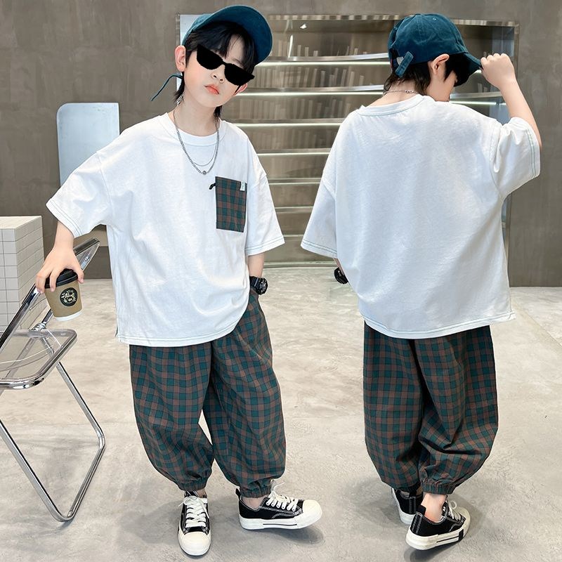 해피유통어린이 여름 루즈핏 반팔 티셔츠와 체크 긴바지 세트 패셔너블한 캐주얼 스타일14세 이상 XG03 39,050원