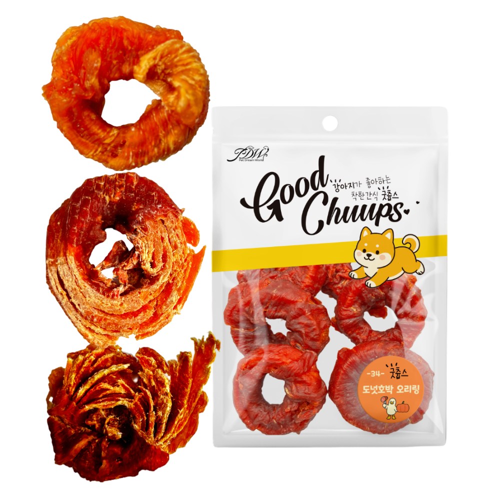 굿츕스 34 도넛링 강아지간식 프리미엄 육포 오래먹는 트위스트 개껌 천연 건조간식 강아지보양식, 1개, 180g, 호박 오리 7,250원