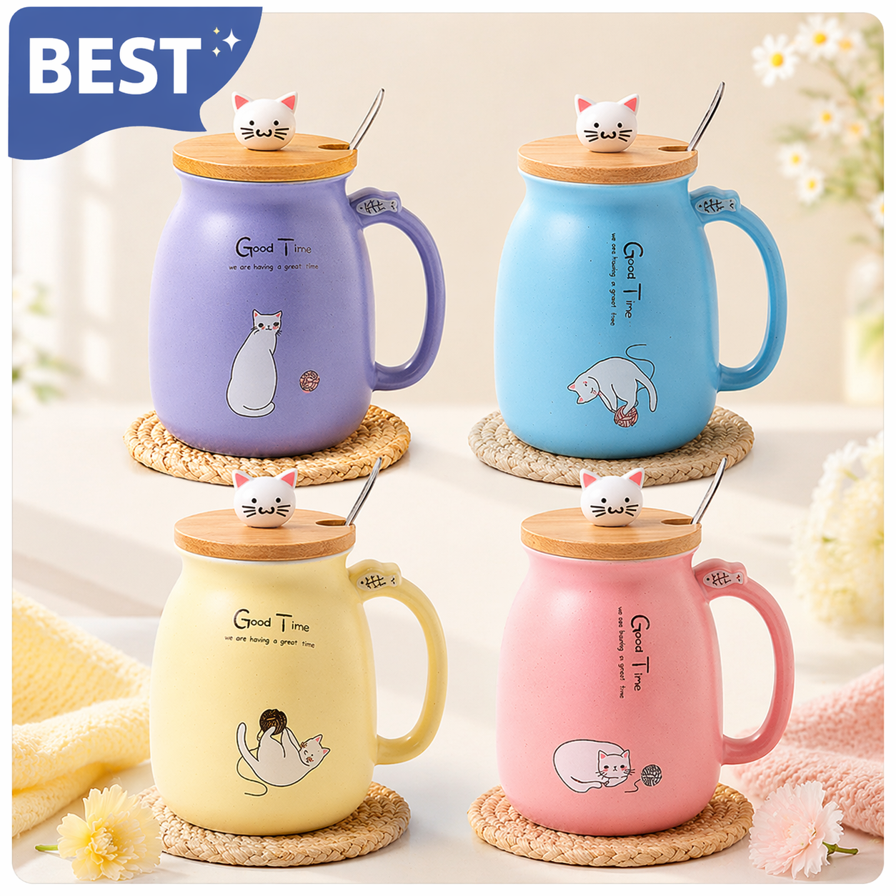 귀여운 예쁜 고양이 머그컵 세트 2종 선물, 핑크,노랑 세트, 1개 12,600원