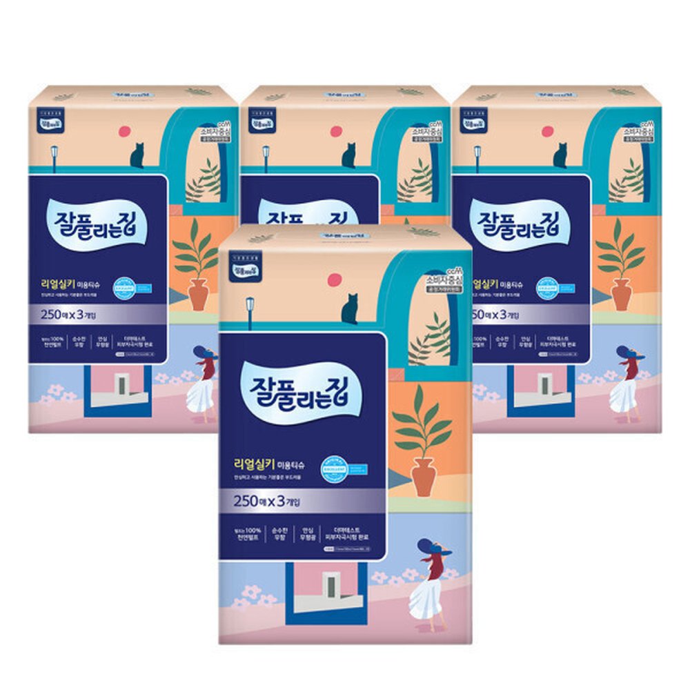 잘풀리는집 리얼실키 미용티슈 250매 3입 4팩 26,590원