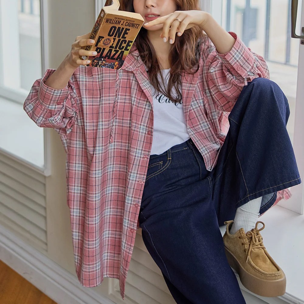 로로텐 체크 후드 오버핏 박스 남방 퍼프 긴팔 여성 빅사이즈 20,000원