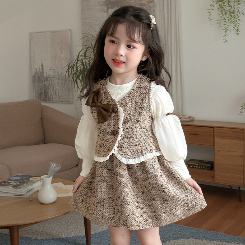 투에그 여아 트위드 리본 베스트 스쿨룩 원피스 세트 34,750원