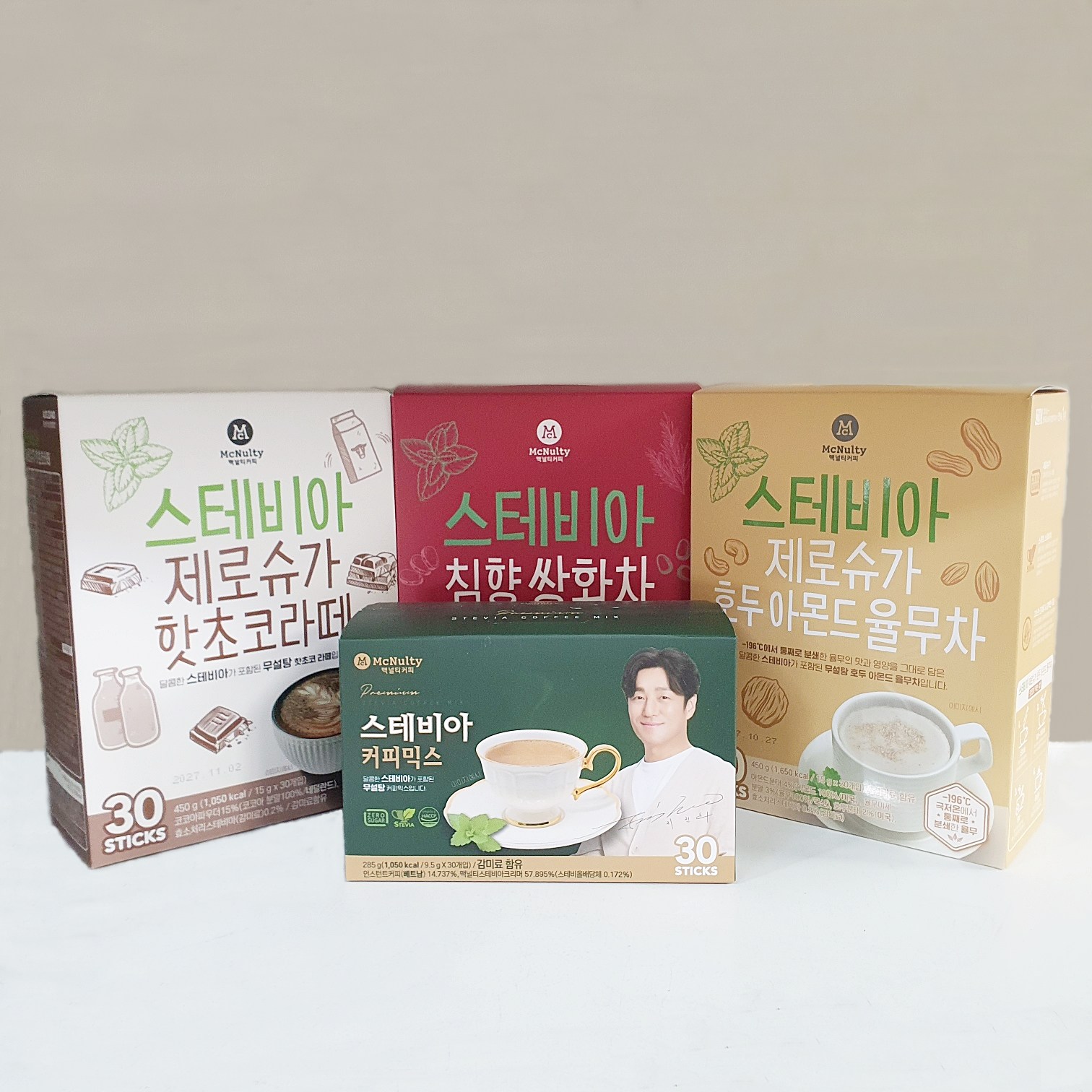 맥널티 스테비아 커피믹스+제로슈가 핫초코라떼+호두아몬드율무차+침향쌍화차 총합 62,900원