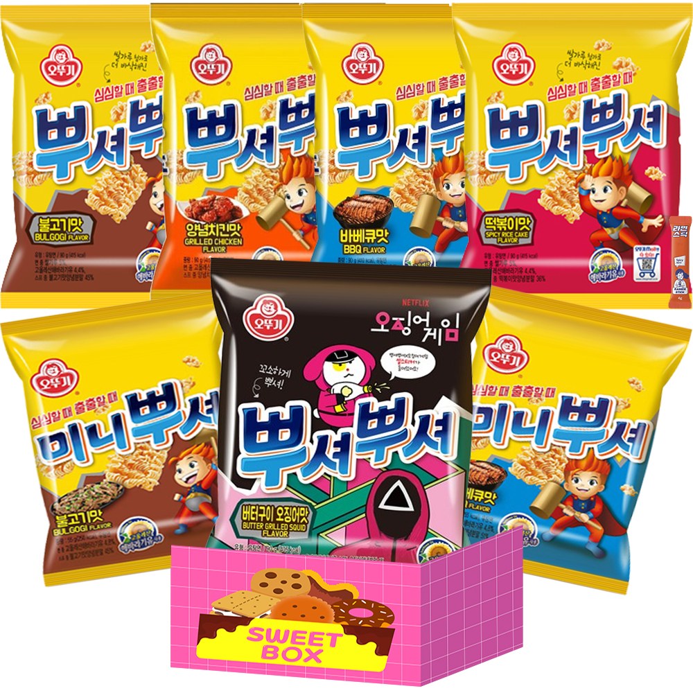 뿌셔뿌셔 7개 세트 (양념치킨맛90g+떡볶이맛90g+불고기맛90g+바베큐맛90g+버터구이오징어맛90g+미니뿌셔바베큐맛55g+미니뿌셔불고기맛55g), 55g 10,980원