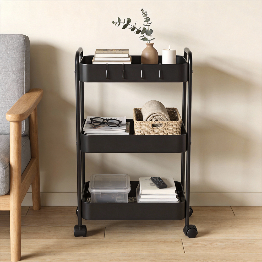 이동식 트롤리 튼튼한 선반 철제 이동식 트롤리, 블랙, 3단 36,800원