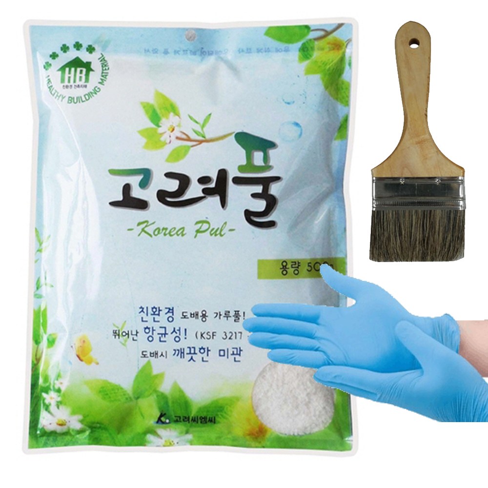 도배용 풀, 간편하게 물에 타서 사용하는 가루 풀, 친환경 풀, 도배 풀, 벽지 풀, 고려 가루풀 500g (벽지 2롤 사용량) + 도배붓 + 라텍스 장갑 (유통기한 없음) 5,900원