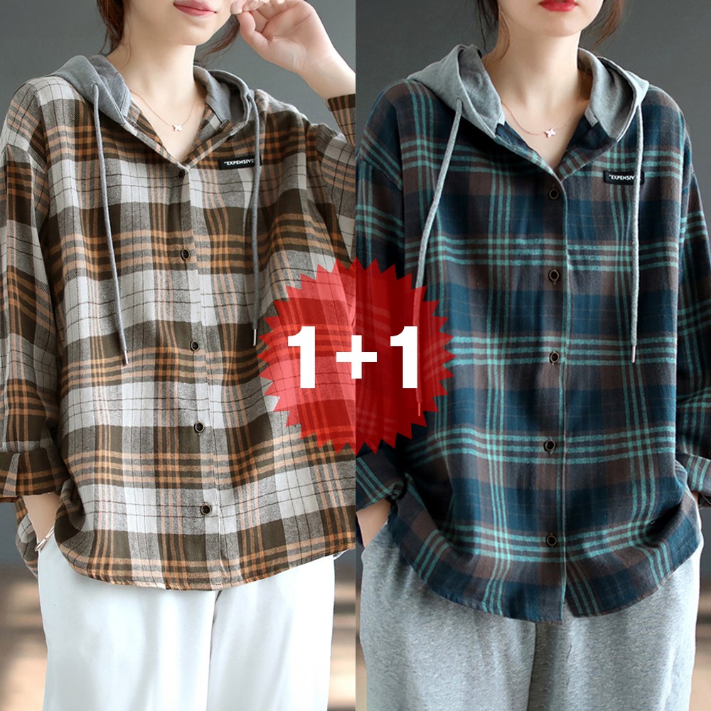 지디오 여성 후드 체크 셔츠 2개 세트 남방 루즈핏 긴팔 버튼 후드티 봄 간절기 자켓 29,800원