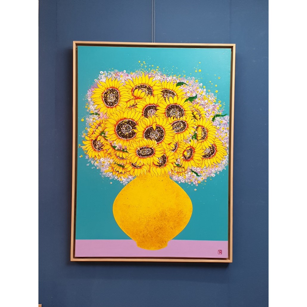 부와 활기를 담은 이장옥 작가원화 - 해바라기 거실,호텔그림액자,풍수인테리어, 황금빛 노란색 푸른색 6,000,000원