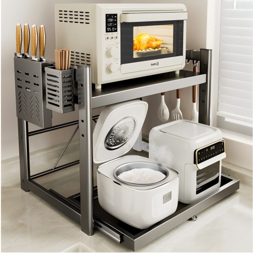 HOMEY NEST 전자레인지 슬라이딩 선반 2단 대용량 높이조절 주방수납 주방후크+젓가락통+칼거치대 증정 HN-C13, 그레이, 2단 59,500원