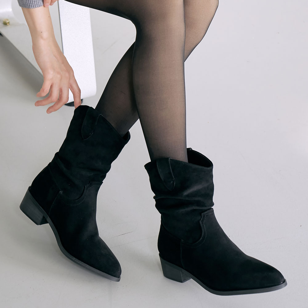 에스유니 발편한 여성 스웨이드 스틸레토 주름 웨스턴 미들부츠 기모안감 4cm 41,900원